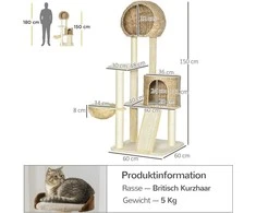 "PawHut" draskyklė 150 cm su kačių nameliu, hamaku ir rampa, apsauga nuo pakrypimo, pliušas, smėlio spalvos