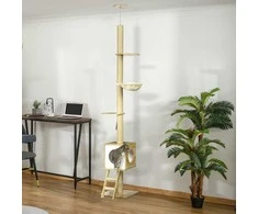 PawHut katės draskyklė, montuojama iki lubų, 240-260 cm, su nameliu ir hamaku, šviesiai ruda + smėlio spalvos