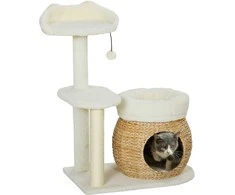 PawHut 79 cm draskyklė-namelis, su landyne, lovomis ir žaisliniais kamuoliukais, sizalio kolonėlės, katėms iki 5kg, kreminės spalvos
