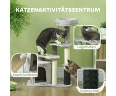 "PawHut" draskyklė 87 cm kačių medis su kačių urvu, lova, žaidimų kamuoliukais, kačių draskyklė su sizalio draskyklėmis, skirta katėms iki 5kg, šviesiai pilka