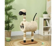 "PawHut" draskyklė 98 cm kačių medis su draskykle, tuneliu ir kamuoliuku, avies dizaino draskyklė katėms iki 5kg, šviesiai ruda