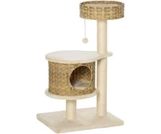 "PawHut" draskyklė rotango kačių medis, laipiojimo medis su kačių urvu ir sizalio stulpeliais, žaidimų kamuoliukai, 95 cm, sizalis nature+beige