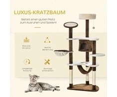 PawHut XXL draskyklė katėms su nameliu ir hamaku, daugiaaukštė aktyvumo stotis, pliušinė, ruda, 213x91x122cm