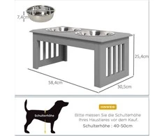 "PawHut" dubuo šunims su 2 dubenėliais, 2 l talpos maisto dubuo, paaukštintas kačių maisto dubuo, lengvai prižiūrimas, nerūdijančio plieno pilkos spalvos, 58,4 x 30,5 x 25,4 cm