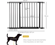 "PawHut" durų apsaugos grotelės laiptų apsaugos grotelės be gręžimo šunų barjerinės grotelės naminių gyvūnėlių šunų grotelių spaustuko tvirtinimas plienas juodas 76-107x76cm