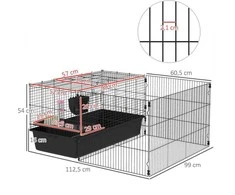 PawHut narvas smulkiesiems gyvūnams, aptvaras su gertuve, maisto dubenėliu, graužikų narvas su šėrykla, priedai, jūrų kiaulyčių narvas smulkiesiems gyvūnams, plieno, juodas
