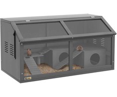PawHut Hamsterių narvas, medinis smulkių gyvūnėlių narvas su pakabinamu tilteliu, kopėtėlėmis, namelyje, 84 x 45 x 44 cm, skirta nykštukiniams žiurkėnams, pilkas