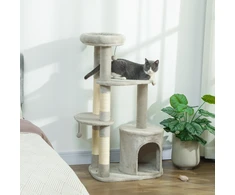 PawHut 114 cm draskyklė katėms su nameliu, sizalio stulpais, platforma, kelių lygių, skirta vidutinio dydžio katėms iki 6kg, šviesiai pilka