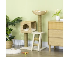 PawHut kačių draskyklė 100,5 cm, kačių medis su nameliu, lova, laipteliais, draskykle su sizalio stulpais, pagalvėlėmis, iki 4,5kg, natūrali | Aosom