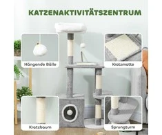 PawHut Kačių draskyklė 107 cm, kačių bokštas su būdelė, 2 pliušiniai kamuoliukai, sizaliniai stiebai, didelė platforma, 55x40x107 cm, pilka
