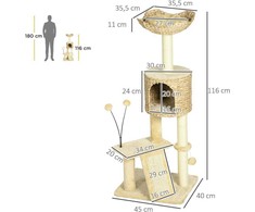 "PawHut" kačių draskyklė 116 cm kačių medis su kačių urvu, kačių lova, vidaus laipiojimo bokštas su žaidimų kamuoliuku, draskymo lenta, pliušiniai draskymo baldai katėms iki 5kg, smėlio spalvos
