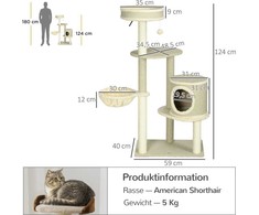 "PawHut" kačių draskyklė 124 cm su krepšeliu ir laipiojimo bokšteliu su kamuoliuku, 2 gulimos vietos, skirta katėms iki 5kg
