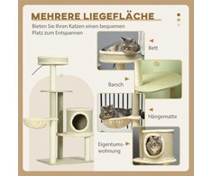 "PawHut" kačių draskyklė 124 cm su krepšeliu ir laipiojimo bokšteliu su kamuoliuku, 2 gulimos vietos, skirta katėms iki 5kg