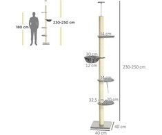 "PawHut" kačių draskyklė 230-250 cm aukščio, su hamaku, reguliuojamo aukščio, pilka+kreminė balta