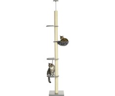 "PawHut" kačių draskyklė 230-250 cm aukščio, su hamaku, reguliuojamo aukščio, pilka+kreminė balta