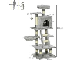 "PawHut" kačių draskyklė su kačių urvu 132 cm kačių medis su hamaku, žaidimų kamuoliuku, krepšeliu, laipiojimo medžiu katėms iki 4,5kg draskymo baldai, sizalis, pilka spalva
