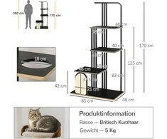 PawHut kačių draskyklė 170 cm, didelė draskyklė su pagalvėlėmis, draskymo lenta, 3 platformomis, plieniniais kačių baldais, juoda