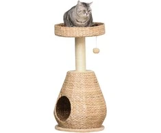 "PawHut" kačių medis, draskymo stovas, kačių baldai su urvu, kamuoliukas-žaislas, sizalis, minkštas pliušas, geltonos spalvos, aukštis 82,5 cm