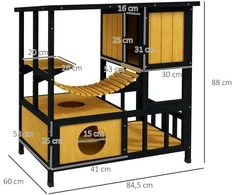 PawHut medinis kačių namelis, kačių urvelis, kačių vila laukui, su kabančiu tiltu, balkonu, platforma, atsparus vandeniui, 1-2 katėms iki 5kg, geltonas