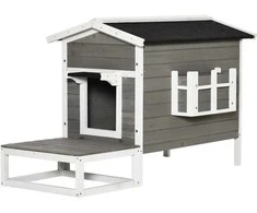 Pawhut Kačių namelis su terasa ir balkonu katėms, eglės mediena pilka + balta 115 x 66,5 x 74,7 cm
