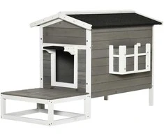 Pawhut Kačių namelis su terasa ir balkonu katėms, eglės mediena pilka + balta 115 x 66,5 x 74,7 cm