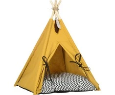 PawHut kačių namelis teepee palapinė šunims su pagalvėle, neslystanti, su kamuoliuku, pagaminta iš pušies medienos, geltonos spalvos