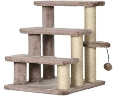 PawHut 3-pakopų naminių gyvūnėlių laiptai su draskyklėmis, kamuoliuku, šunų laiptai, naminių gyvūnėlių laiptai katėms iki 5kg, pliušas, džiutas, ruda, 45 x 40 x 48 cm | Aosom