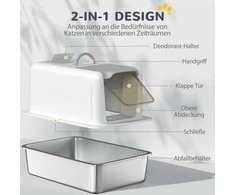 PawHut kačių tualetas, uždaras kačių tualetas, nerūdijančio plieno vonelė, integruotas kraiko filtras, su kraiko semtuvėliu, katėms iki 6kg, baltas