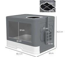 PawHut kačių tualetas su dangčiu ir semtuvėliu, iki 4kg, naudojimui viduje, plastikas, pilkas, 48,5x38x36,5 cm