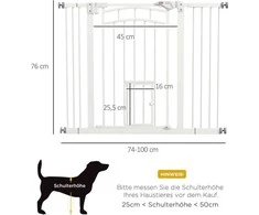 PawHut apsauginiai varteliai šunims su automatiniu uždarymu, katės durelėmis ir be gręžimo, 74-100 cm, balti