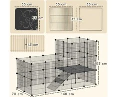 PawHut aptvaras smulkiems gyvūnams, 39 dalių narvas su rampa, DIY metalinis grotuotas aptvaras, atidaromas, juodas, 140 x 70 x 105 cm