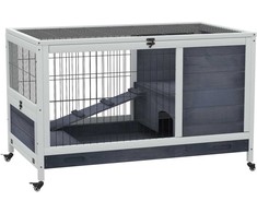 "PawHut" mažų gyvūnų būdelė su ratukais jūrų kiaulytės narveliui, pagaminta iš eglės medienos, tamsiai pilkos ir baltos spalvų 90x53x59 cm