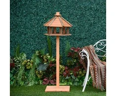PawHut paukščių namelis, lesykla, medinė paukščių vila, lesykla su stovu, stalo lesykla su vandeniui atspariu stogeliu, natūralios spalvos, Ø52 x 130 cm