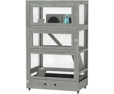 "PawHut" medinis nykštukinių žiurkėnų narvelis, 65 x 45 x 109 cm Graužikų narvelis su būdelėmis, supynėmis, padėklais, maisto dubenėliais, 4 pakopų mažų gyvūnų narvelis su užraktu, rampomis, ratukais, pilkos spalvos