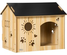 PawHut medinė šunų būda, namelis mažiems gyvūnams su ventiliacijos angomis, stogu, ąžuolo ir juodos spalvos MDF, 69 x 50 x 58,5 cm
