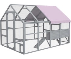 PawHut medinis vištidės voljeras, 280 x 185,5 x 188 cm, vištidė su durelėmis, lizdų dėže, stogu, rampa, lauko aptvaras 8–12 vištų, pilkas