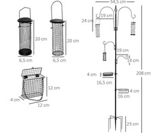 PawHut paukščių lesyklos stovas, vandens girdykla, lesyklėlė, pilnas paukščių lesyklos stulpas su 4 kabliukais, plieno, juodas, aukštis 208 cm