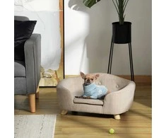 PawHut pet sofa šuo lova pagalvė atgal kišenė pliušinis padengti kremas balta pušis