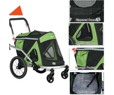PawHut priekaba šunims 2in1 šunų vežimėlis šunų dviračių priekaba saugos pavadėlis šunų vežimėlis atšvaitai iki 20 kg Oksfordo žalia