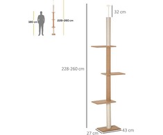 PawHut reguliuojamo aukščio draskyklė katėms, laipynė, žaidimų medis, chaki spalvos, 43x27x228-260cm