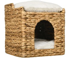 PawHut rotango katės namelis su 2 lygiais ir pagalvėmis, rudas, iki 5kg