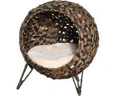 PawHut rotango katės lovos pagalvėlė su pakeltomis kojomis katės miegojimo vieta ruda Ø52x58cm
