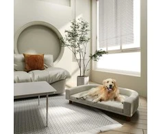 "PawHut" sofa šunims, naminių gyvūnėlių sofa katėms su pagalvėle, lova dideliems šunims, paaukštinto dizaino sofa šunims, kėdė šunims su medinėmis kojomis, pilka, 98 x 67 x 25 cm