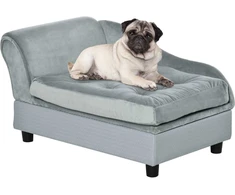PawHut sofa šunims su kilimėliu ir laikymo vieta, natūrali mediena, šviesiai mėlyna, 76x45x41,5 cm