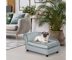 PawHut sofa šunims su kilimėliu ir laikymo vieta, natūrali mediena, šviesiai mėlyna, 76x45x41,5 cm