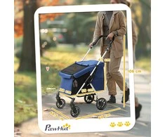 PawHut lengvas šunų vežimėlis, aliuminis sulankstomas vežimėlis šunims ir katėms iki 10 kg, vežimėlis katėms su pagalvėle, tinkliniais langeliais, durelėmis ir krepšiu daiktams, tamsiai mėlynas