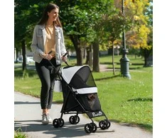 PawHut šunų vežimėlis šunų vežimėlis sulankstomas šunims ir katėms iki 4kg kačių vežimėlis su tinkliniais langais, diržu per petį, laikymo krepšiu, puodelio laikikliu, skėčio laikikliu skėčiu kačių vežimėlis šviesiai pilkas