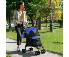PawHut šunų vežimėlis šunų vežimėlis sulankstomas šunims ir katėms iki 4kg kačių vežimėlis su tinkliniais langais, diržu per petį, laikymo krepšiu, puodelio laikikliu, skėčio laikikliu tamsiai mėlynas kačių vežimėlis
