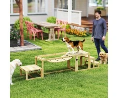"PawHut" šunų vikrumo rinkinys, 4 šunų dresūros rinkiniai su tilteliu, laiptais, platforma, vikrumo įranga iš eglės medienos, skirti dideliems, iki 40 kg sveriantiems šunims, natūrali mediena