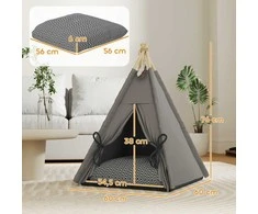 "PawHut Teepee" palapinė naminiams gyvūnams, kačių palapinė su nuimama ir skalbiama pagalve, kačių namelis su neslidžiomis grindimis, žaidimų kamuoliukas, skirta katėms iki 5kg, mini šunims, 60 x 60 x 76 cm, pilka